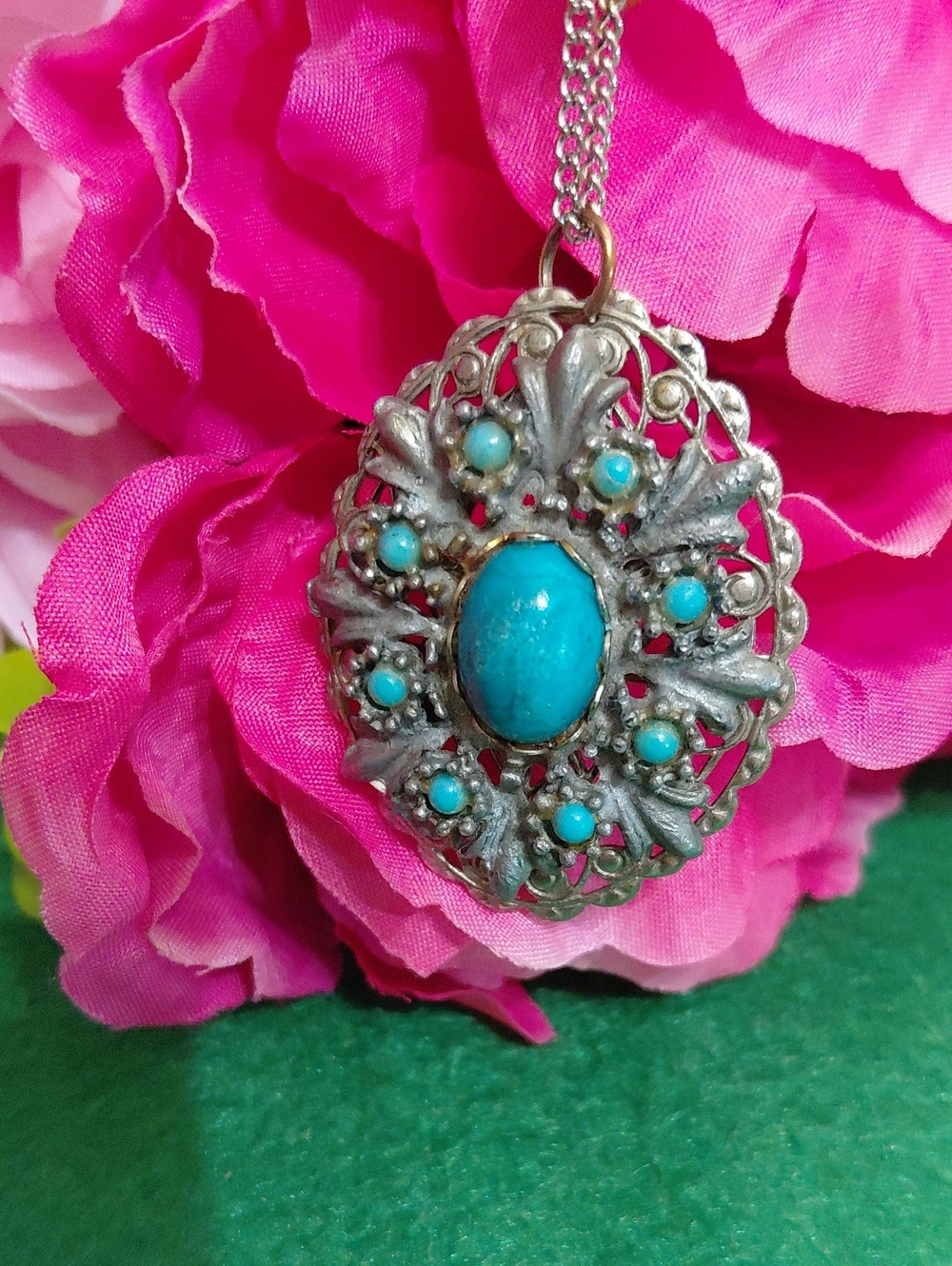 Turquoise Stone Filigree Pendant Necklace - Blue